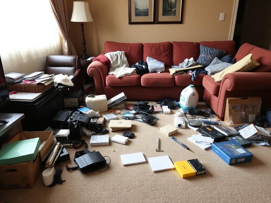 Cluttered messy living room before SparkClean cleaning service
