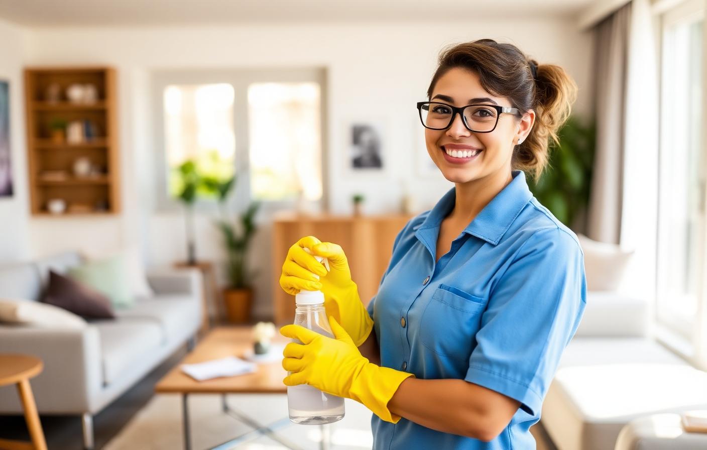 Smiling SparkClean cleaner in uniform with gloves in a bright Austin living room