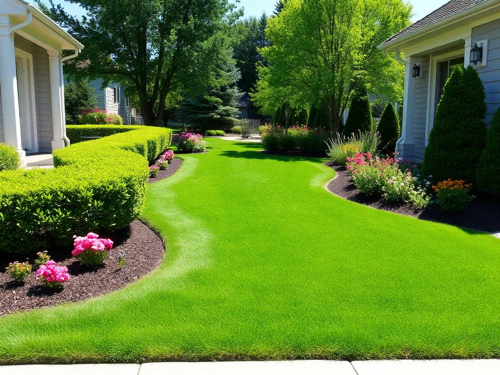 Lush manicured lawn and flower beds after GreenEdge Landscaping service