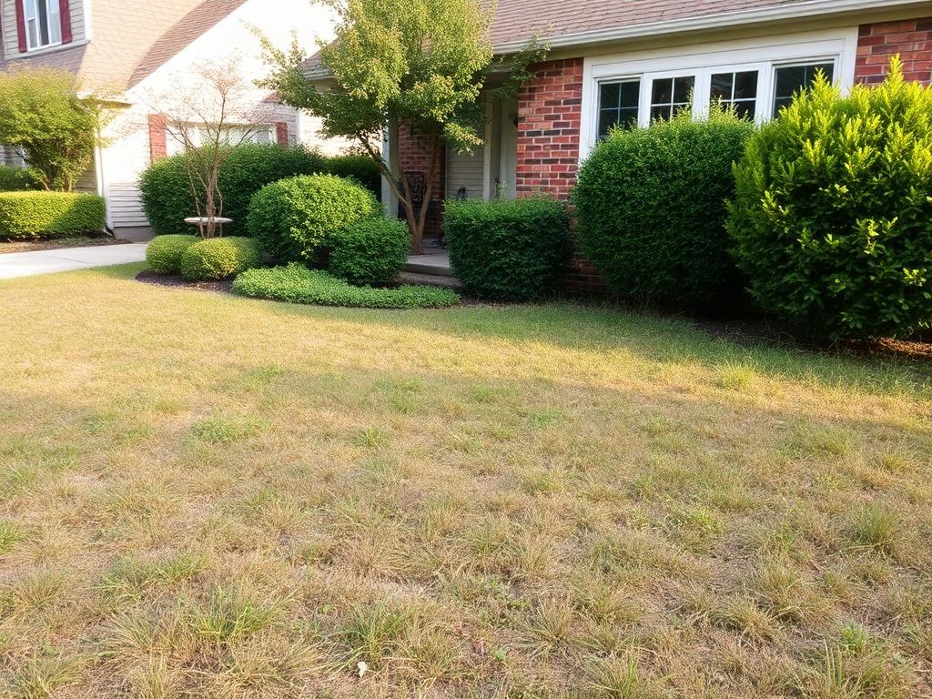 Patchy overgrown lawn before GreenEdge Landscaping maintenance